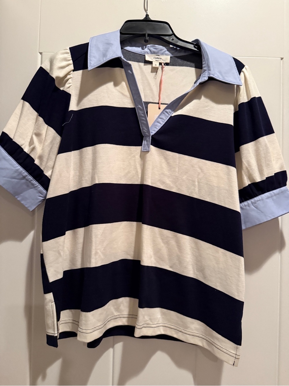 entro Navy and White Striped Polo-Style Blouse with Light Blue Collar